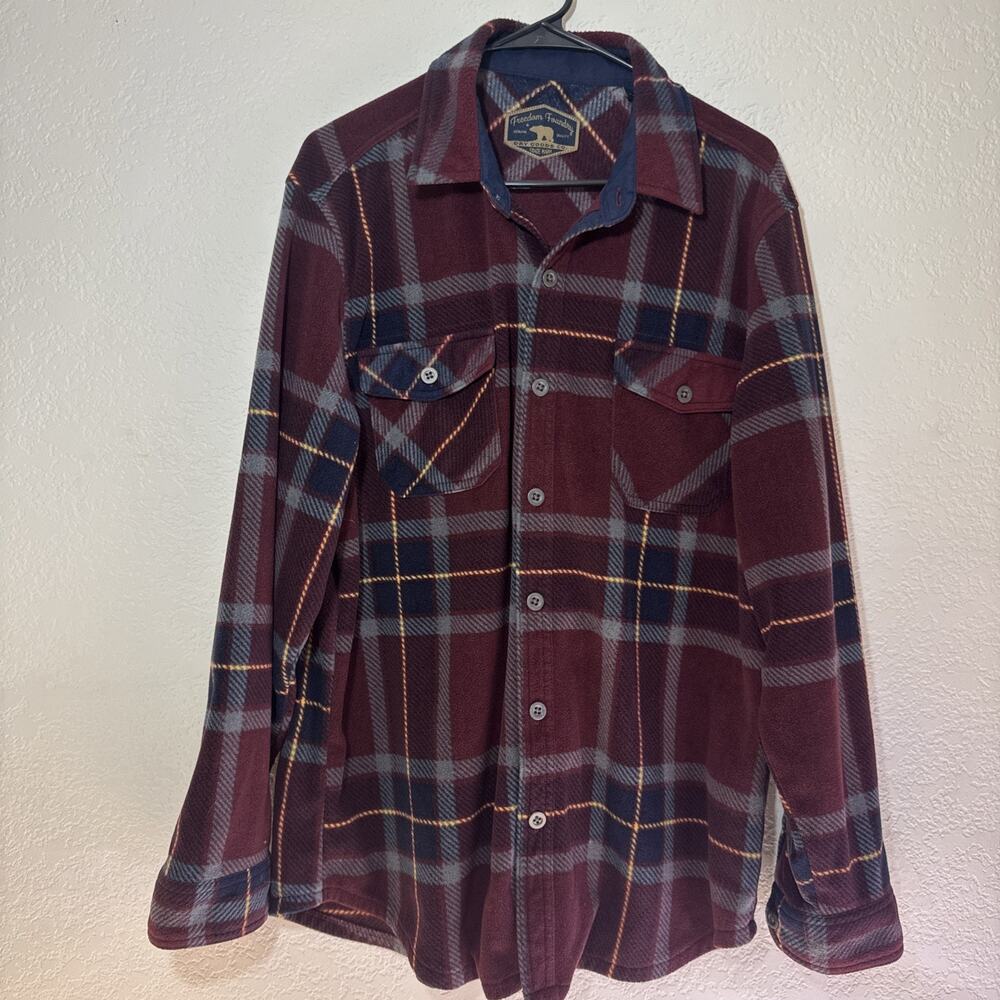 Freedom Foundry Maroon Flannel Button Up Shirt LARGE Men Burgandy Plaid SO SOFT